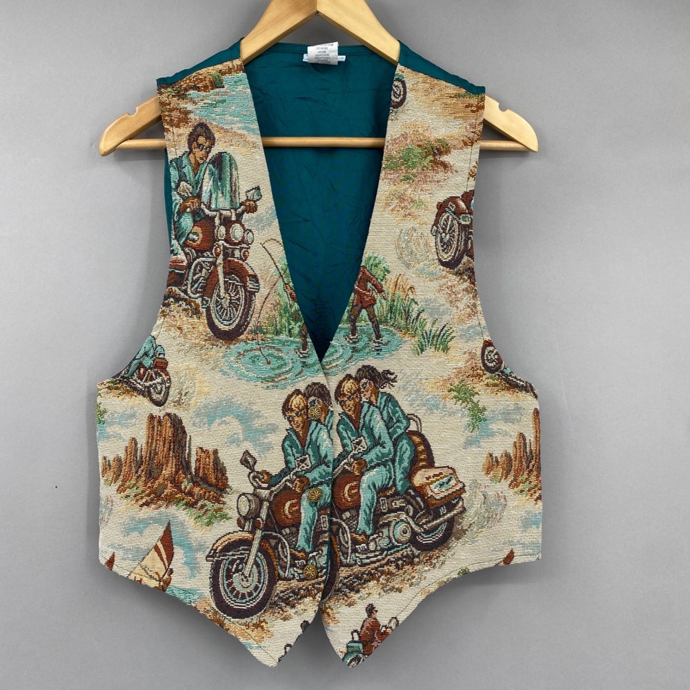 Vtg 90s Backroad Blues Tapestry Vest Womens Large Motorcycle Novelty Print Woven